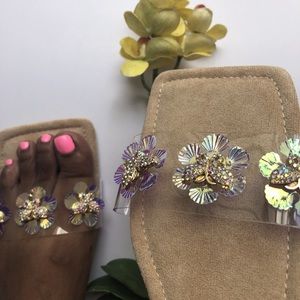 These are Cape Robbins embroidered clear sandals